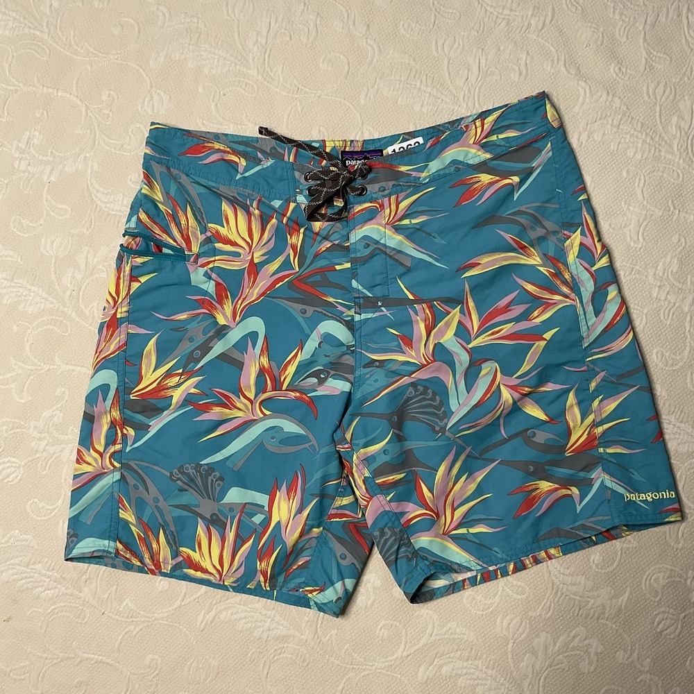 Patagonia Swim Trunks Men 35 Blue Floral Bird Of Paradise Wavefarer Board Shorts